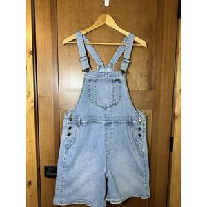 Lee Womens Large Denim Short Overalls Bib Light Wash Stretch Adjustable Straps